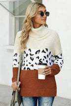 Winter Apricot Turtleneck Splicing Chunky Knit Pullover Sweater - SJB-DIAMOND ELITES