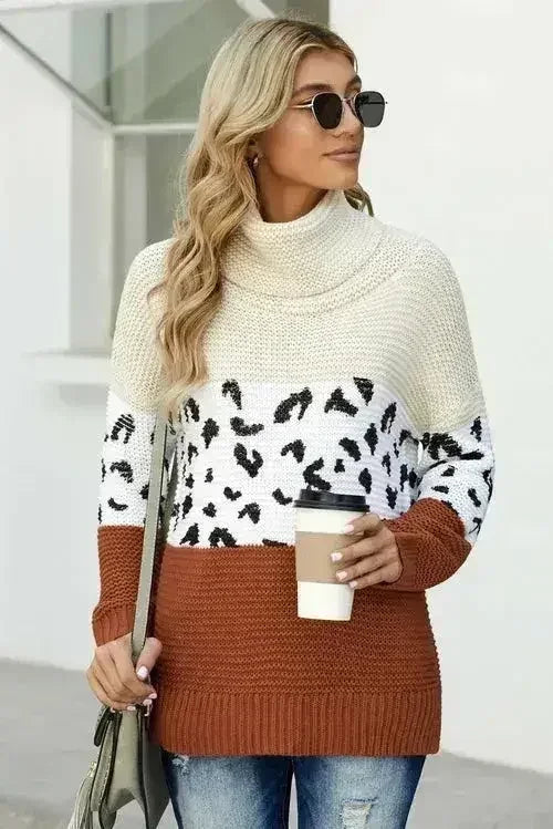 Winter Apricot Turtleneck Splicing Chunky Knit Pullover Sweater - SJB-DIAMOND ELITES