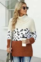 Winter Apricot Turtleneck Splicing Chunky Knit Pullover Sweater - SJB-DIAMOND ELITES