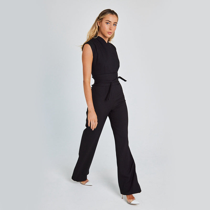 Fashion Elegant Long Sleeveless Jumpsuit Summer V-neck Casual Wide Leg Long Overalls Clothing For Women Pi-Mart