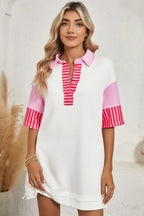 White Stripe Colorblock Sleeve Collared Pop of Color Neckline Dress