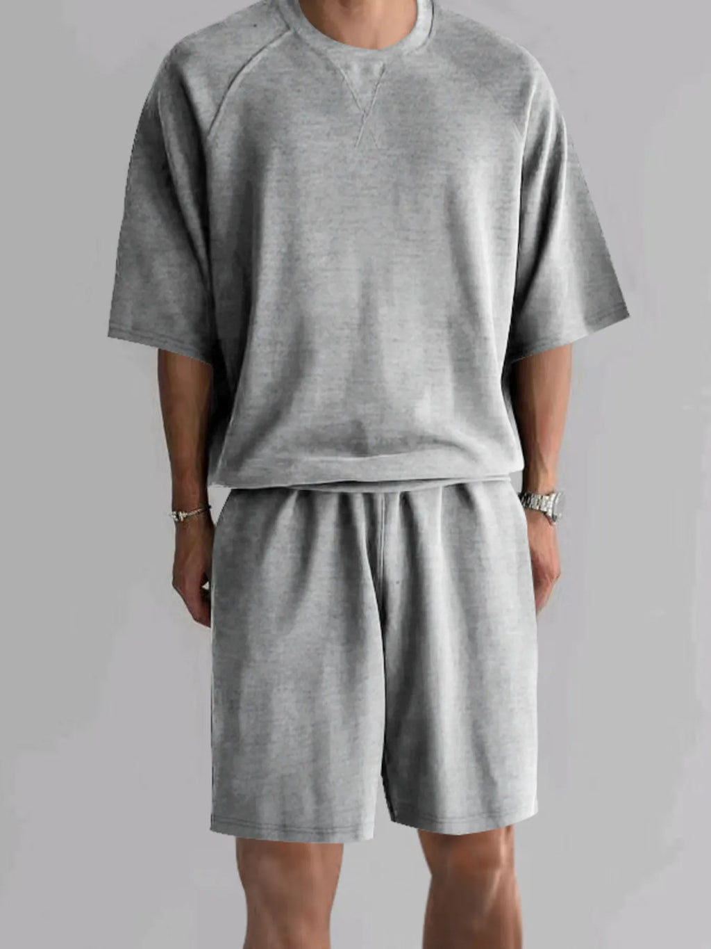 Men's Full Size Round Neck Top and Shorts Set Plus Size