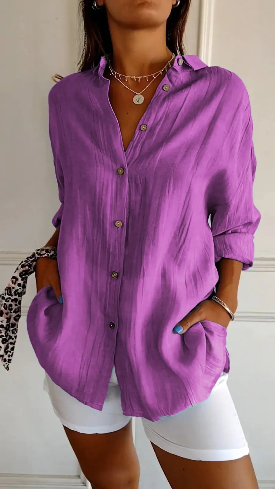 Lapel Long Sleeve Shirt Women's Single-breasted Pleated Shirt Pi-Mart