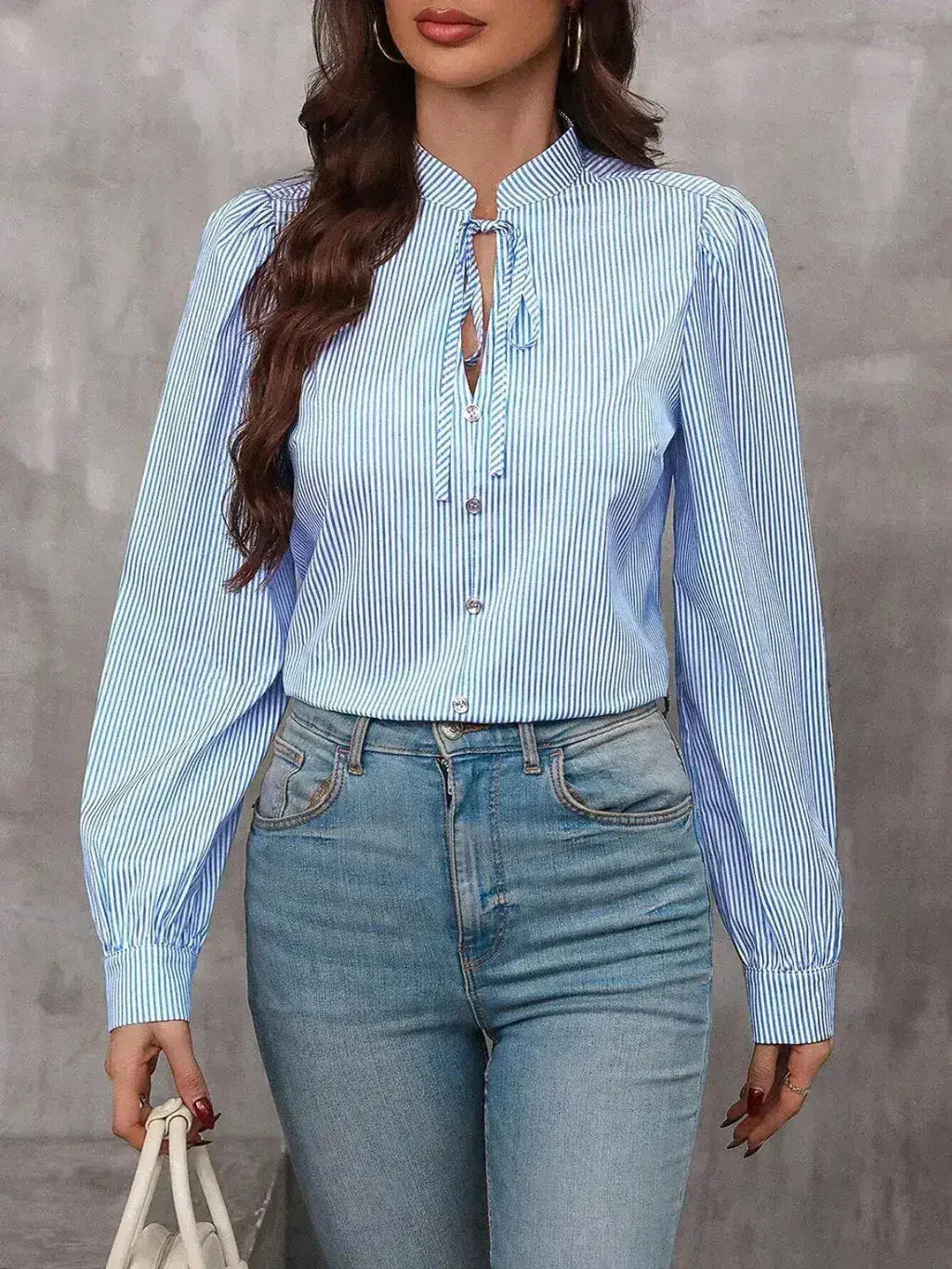 Striped Tie Neck Long Sleeve Blouse – Femstylo - SJB-DIAMOND ELITES