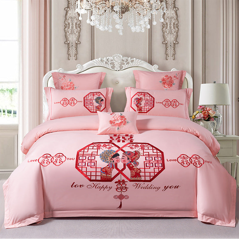 Red Wedding Four-piece Set Wholesale Cotton Wedding Embroidery Bedding Pure Cotton Marriage Bed Xi Quilt Cover Dragon And Phoenix Pi-Mart