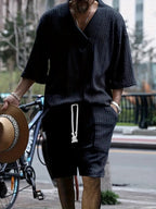 2pcs Men's Jacquard Solid Short Sleeve V Neck Shirt & Matching Drawstring Shorts Set, Summer Leisure Clothing Lootquake LLC