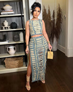 DSMTRC Women Sleeveless Crop Tank Tops and Split Side Maxi Skirt Streetwear Outfits Elegant Ripped Hole Denim Two 2 Piece Dress Purplish Diva
