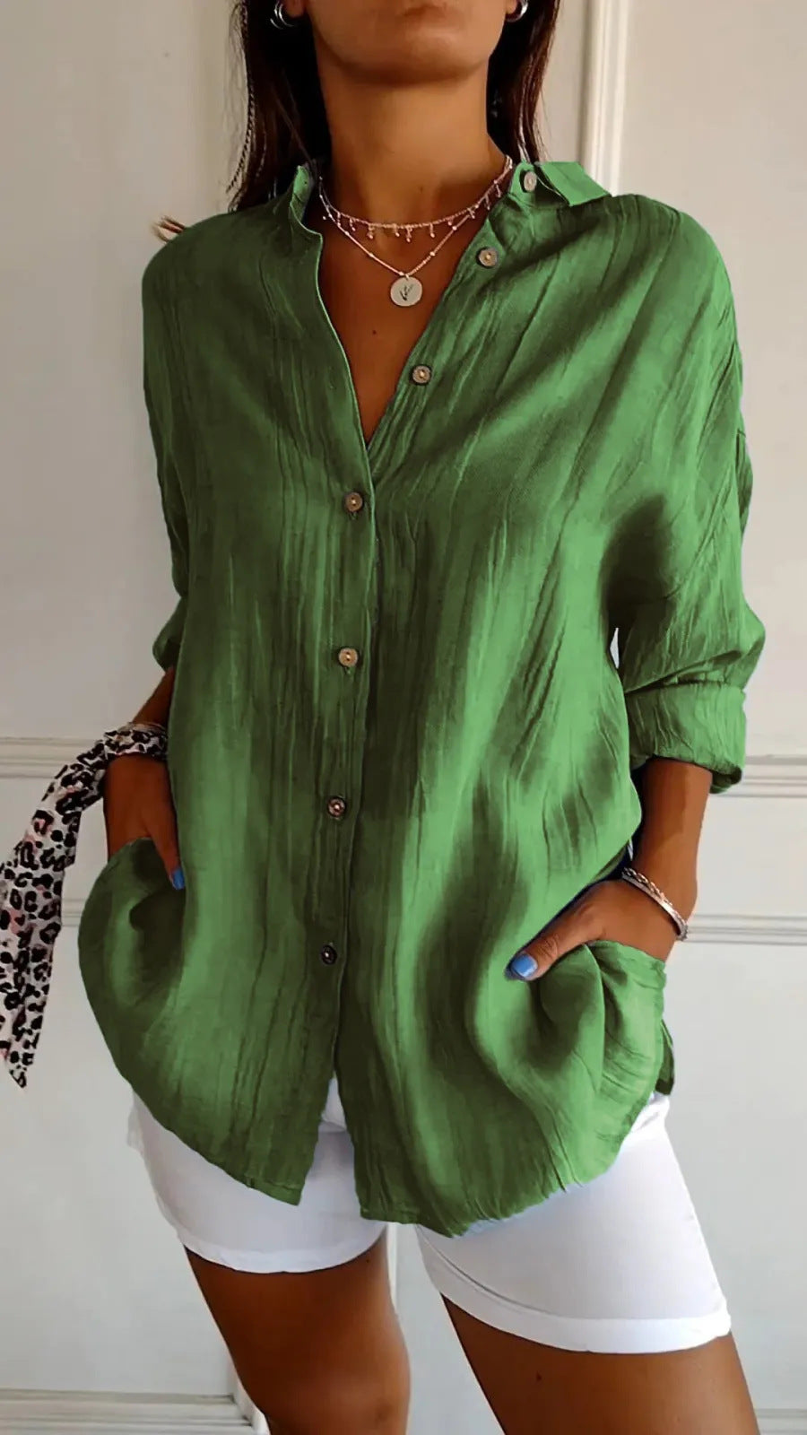Lapel Long Sleeve Shirt Women's Single-breasted Pleated Shirt Pi-Mart
