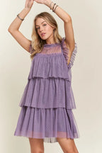 Layered Ruffled Cap Sleeve Mesh Dress For Women – Romantic Mesh Dress with Lace & Ruffled Layers for Elegant Parties & Special Events Stevvex
