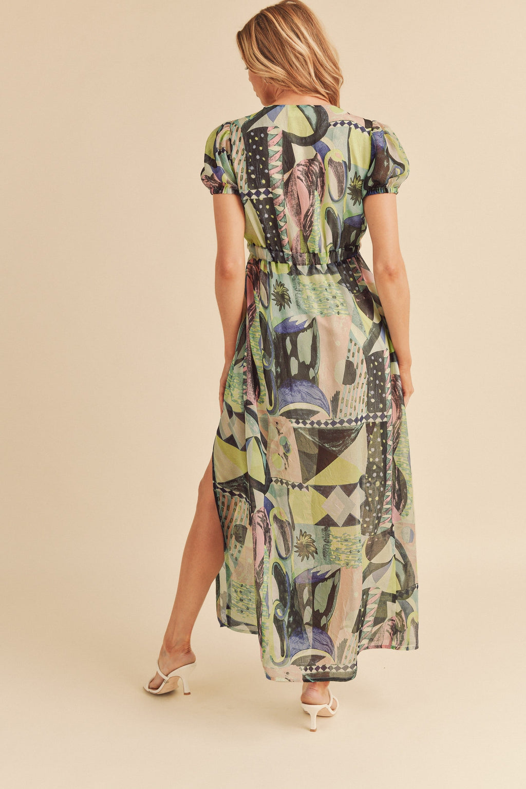 Lace Detail Slit Geometric Print Short Sleeve Maxi Comfortable Dress For Women, Elegant Lace, Alluring Slit, Sophisticated Geometric Print for Casual & Dressy Occasions Stevvex