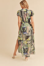 Lace Detail Slit Geometric Print Short Sleeve Maxi Comfortable Dress For Women, Elegant Lace, Alluring Slit, Sophisticated Geometric Print for Casual & Dressy Occasions Stevvex