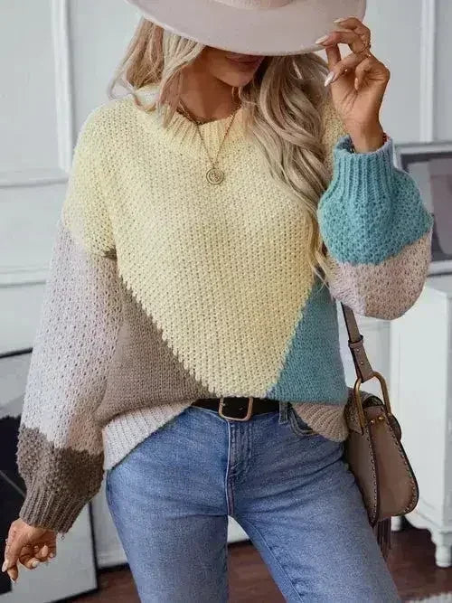 Color Block Round Neck Dropped Shoulder Sweater - SJB-DIAMOND ELITES
