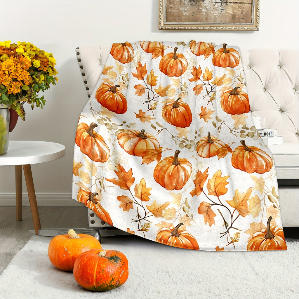 Cozy Flannel Thanksgiving Blanket - Rustic Pumpkin & Maple Leaf Design, Soft Orange Throw for Sofa, Bedroom, Camping - Perfect Fall Decor Gift Lootquake LLC