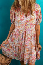 Red Floral Print Notched V Neck Puff Sleeve Tiered Mini Dress