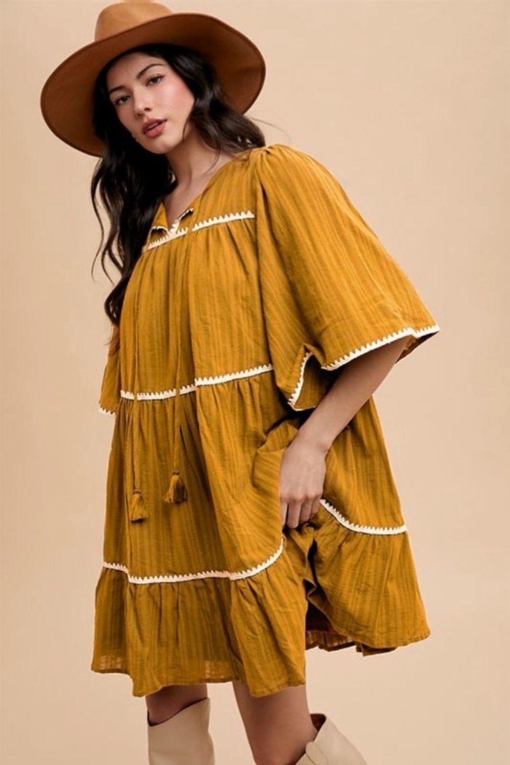 Tassel Contrast Trim Tie Neck Half Sleeve Tiered Dress For Women – Bohemian Inspired Tiered Dress with Tassel Accents and Contrast Trim for a Playful Look Stevvex
