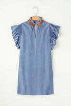 Sky Blue Stripe Frilly Split Neck Shirred Ruffle Sleeve Mini Shift Dress