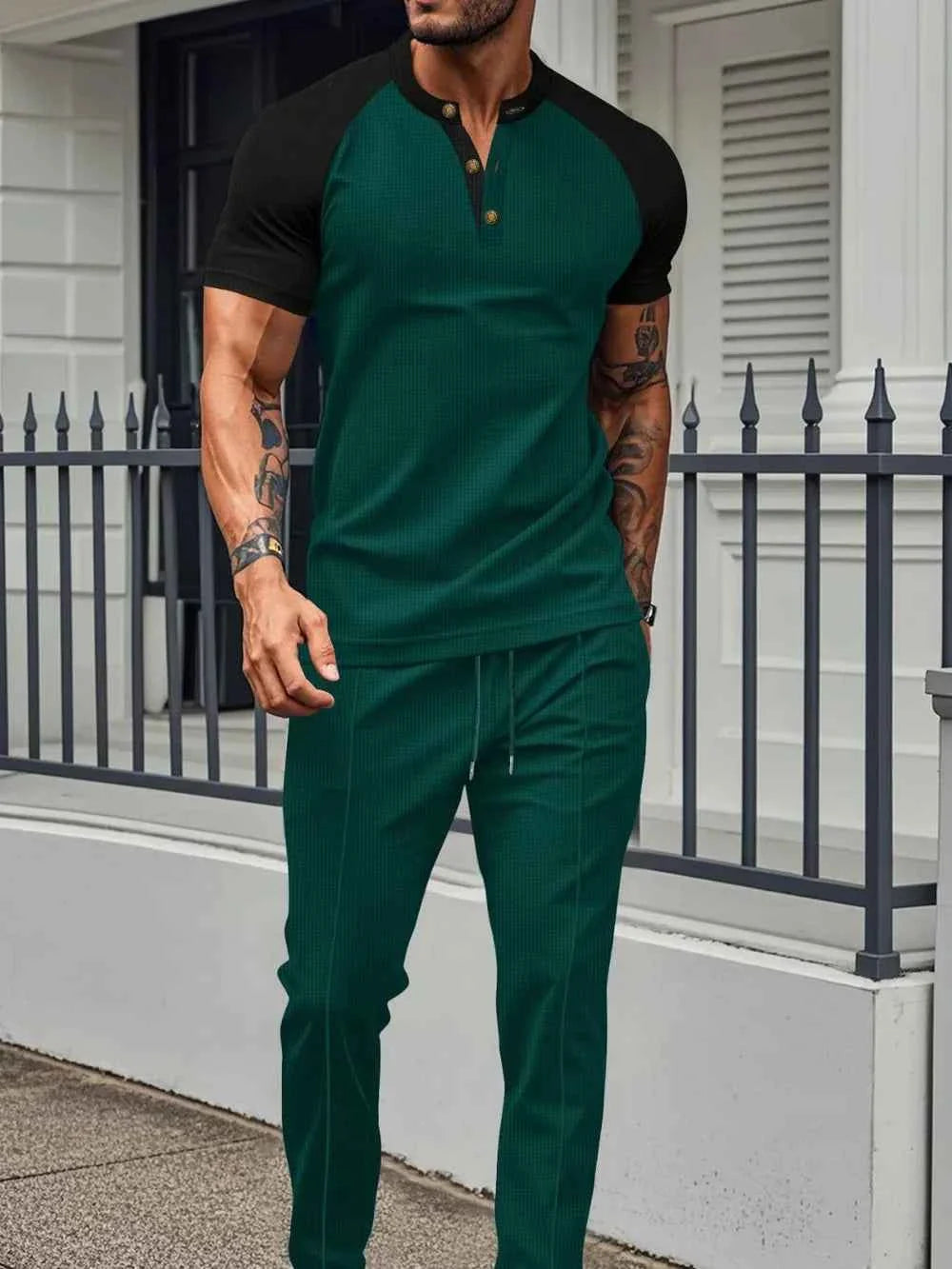 Men's Plus Waffle Knit Set: Cozy Contrast Comfort THRIXINE