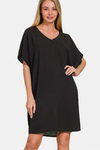 V-Neck Tee Dress with Pockets For Women – V-Neck Casual Dress, Tee Dress with Pockets, Comfortable V-Neck Dress, Pocketed Tee Dress, Casual Chic Dress, Easygoing V-Neck Dress Stevvex
