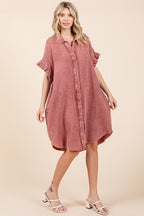 Mineral Wash Cotton Gauze Mini Shirt Dress For Women – Effortlessly Chic and Tredny Dress with Ruffle Sleeve Details