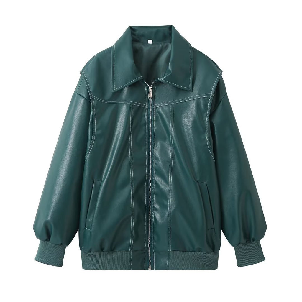 Loose Fashion Lapel Zip-up Jacket Cool Long Sleeve Zipper Closure Moto Biker Leather Jacket Womens Clothing Pi-Mart