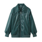 Loose Fashion Lapel Zip-up Jacket Cool Long Sleeve Zipper Closure Moto Biker Leather Jacket Womens Clothing Pi-Mart