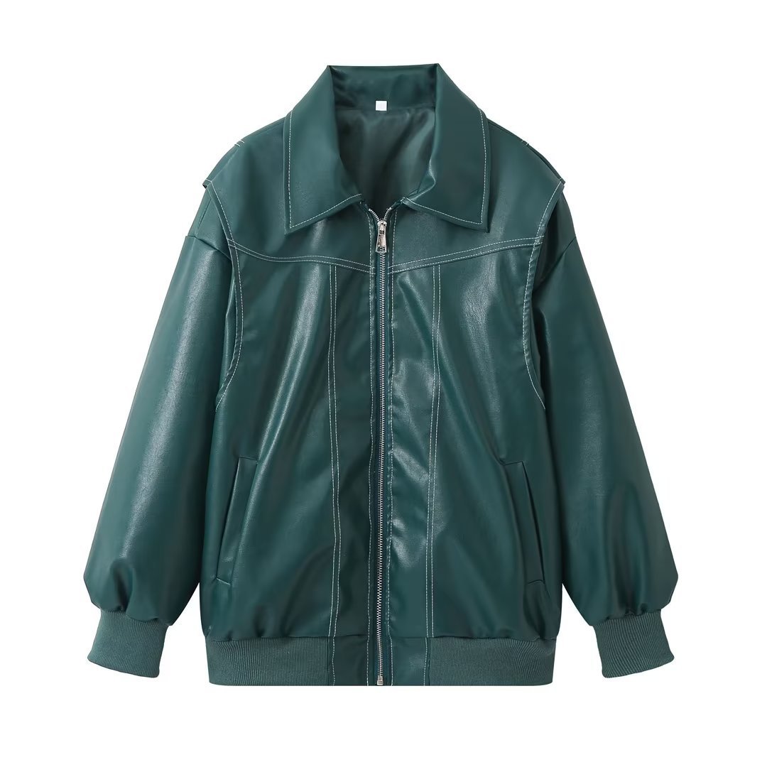 Loose Fashion Lapel Zip-up Jacket Cool Long Sleeve Zipper Closure Moto Biker Leather Jacket Womens Clothing Pi-Mart