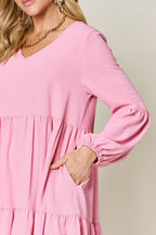 Light Green Double Take Full Size V-Neck Sleeve Tiered Dress with Pockets Elegant & Comfortable Casual Dress Stevvex