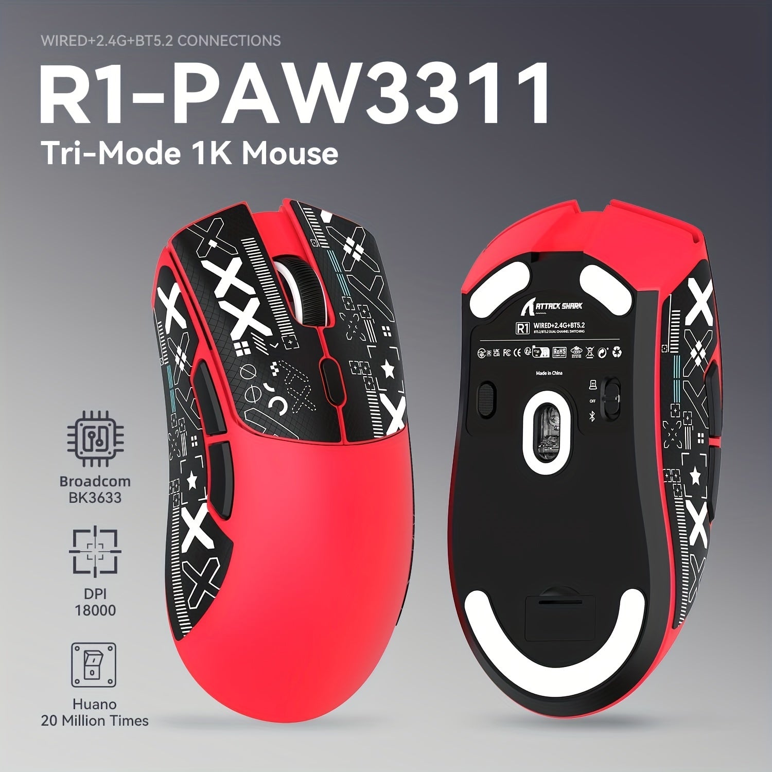 ATTACK SHARK R1 PRO 59g SUPERLIGHT Mouse, PixArt PAW3311 Gaming Sensor, BT/2.4G Wireless/Wired Gaming Mouse, 6 Adjustable Up To 18000, 65 Hrs Battery, Office Mice For Win11/Xbox/PS/Mac (()Black ) Lootquake LLC