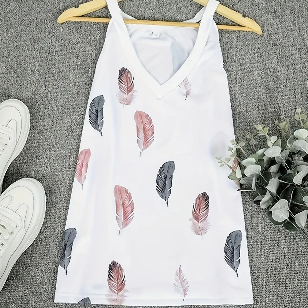 Ladies' V-neck Feather Print Fashionable Versatile Casual Camisole Vest - SJB-DIAMOND ELITES