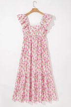 Pink Floral Print Square Neck Ruffled Strap Maxi Dress