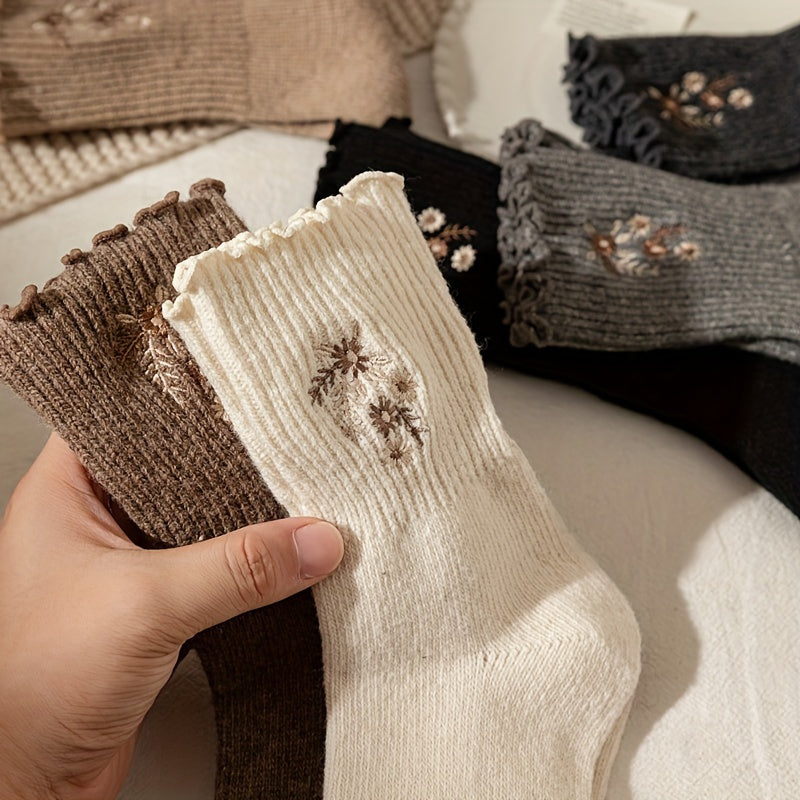 6 Pairs Floral Embroidery Socks, Comfy & Soft Lettuce Trim Socks, Women's Stockings & Hosiery Lootquake LLC