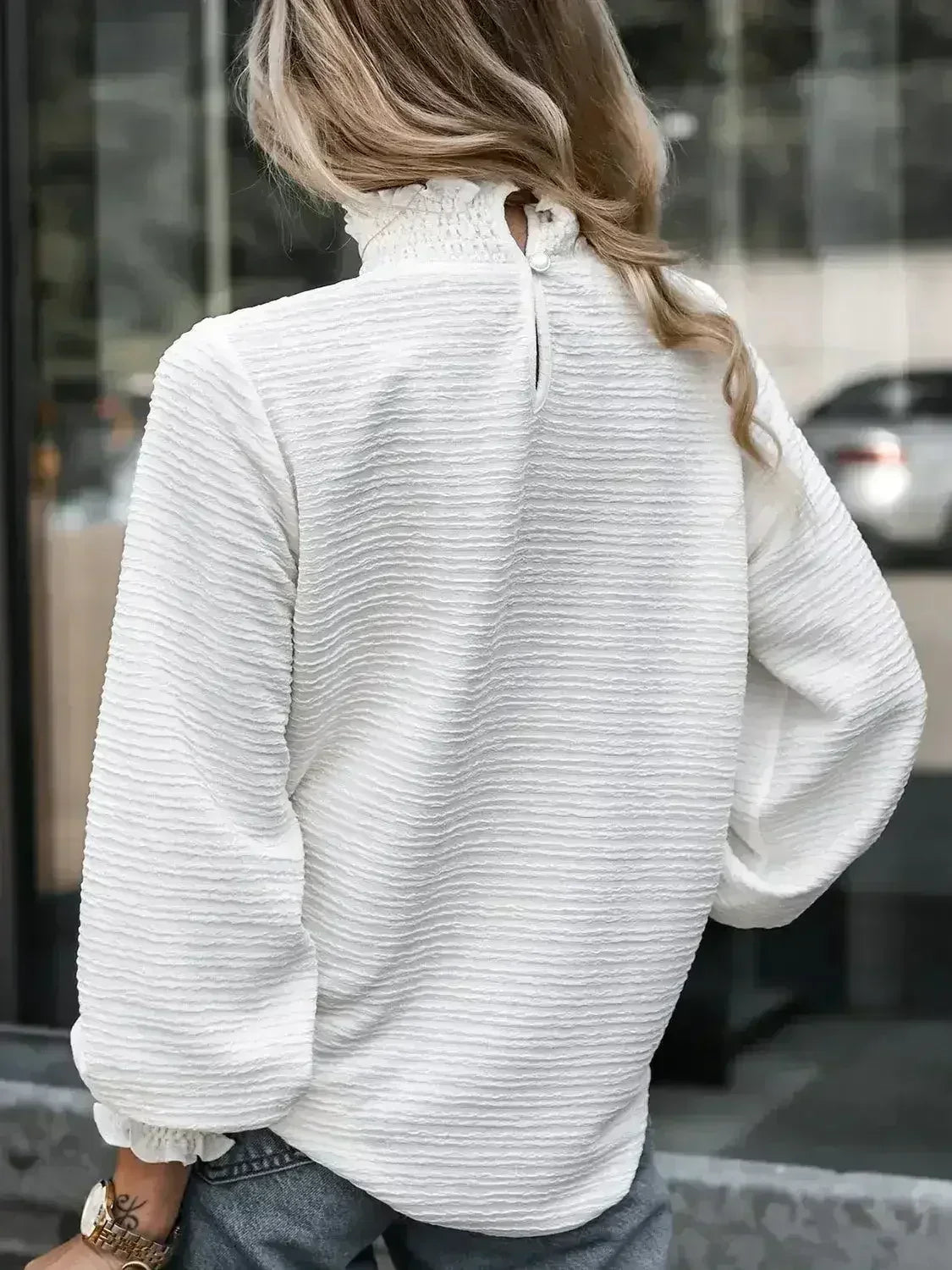 Smocked Frill Mock Neck Long Sleeve Blouse - SJB-DIAMOND ELITES