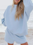Relaxed Fit Round Neck Sweatshirt and Shorts Set THRIXINE