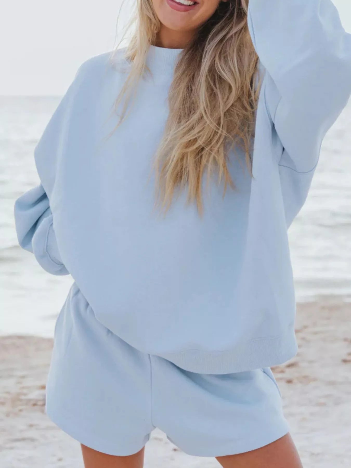 Relaxed Fit Round Neck Sweatshirt and Shorts Set THRIXINE