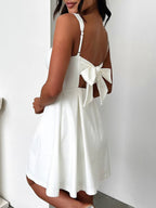 Dark Blue Bow Back Square Neck Mini Dress Luxury Feminine & Flattering Dress For Girls Stevvex