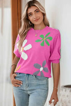 Bright Green 60s Floral Bubble Short Sleeve Knitted Top