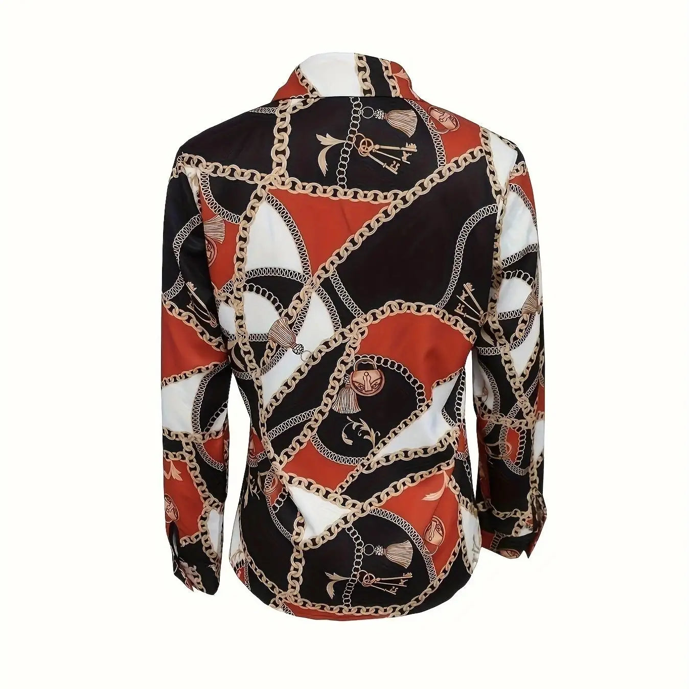 Ladies' Sexy Button Up Shirt With Fashionable Chain Print V-neck Lapel Long Sleeved Top - SJB-DIAMOND ELITES