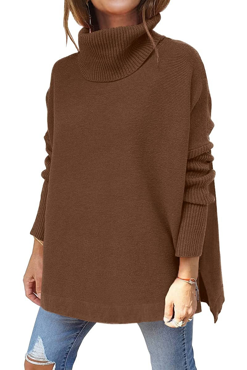 Turtleneck Sweater Mid Length Batwing Sleeve Slit Hem Tunic Pullover Sweaters Winter Tops Women Clothing Pi-Mart