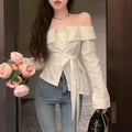 Elegant Slash Neck Shirts Women Streetwear Ruffles Bandage White Blouses Korean Fashion Chain Long Sleeve Design Slim Tops New Purplish Diva