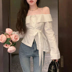 Elegant Slash Neck Shirts Women Streetwear Ruffles Bandage White Blouses Korean Fashion Chain Long Sleeve Design Slim Tops New Purplish Diva