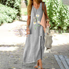 Large Design Cotton And Linen Retro Printed V-neck Dress Lootquake LLC