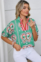 Sea Green Boho Geometric Print Color Neckline Blouse | Femstylo