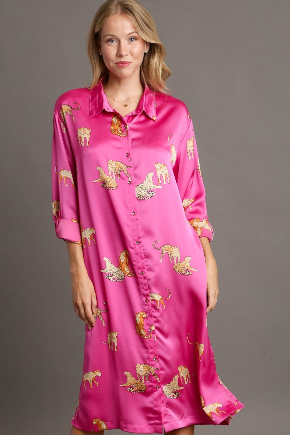 Bold Animal Print Button Down Midi Shirt Dress for Plus Size Women Comfortable, Chic & Elegant Buttoned Print Midi Dress with Slit Stevvex