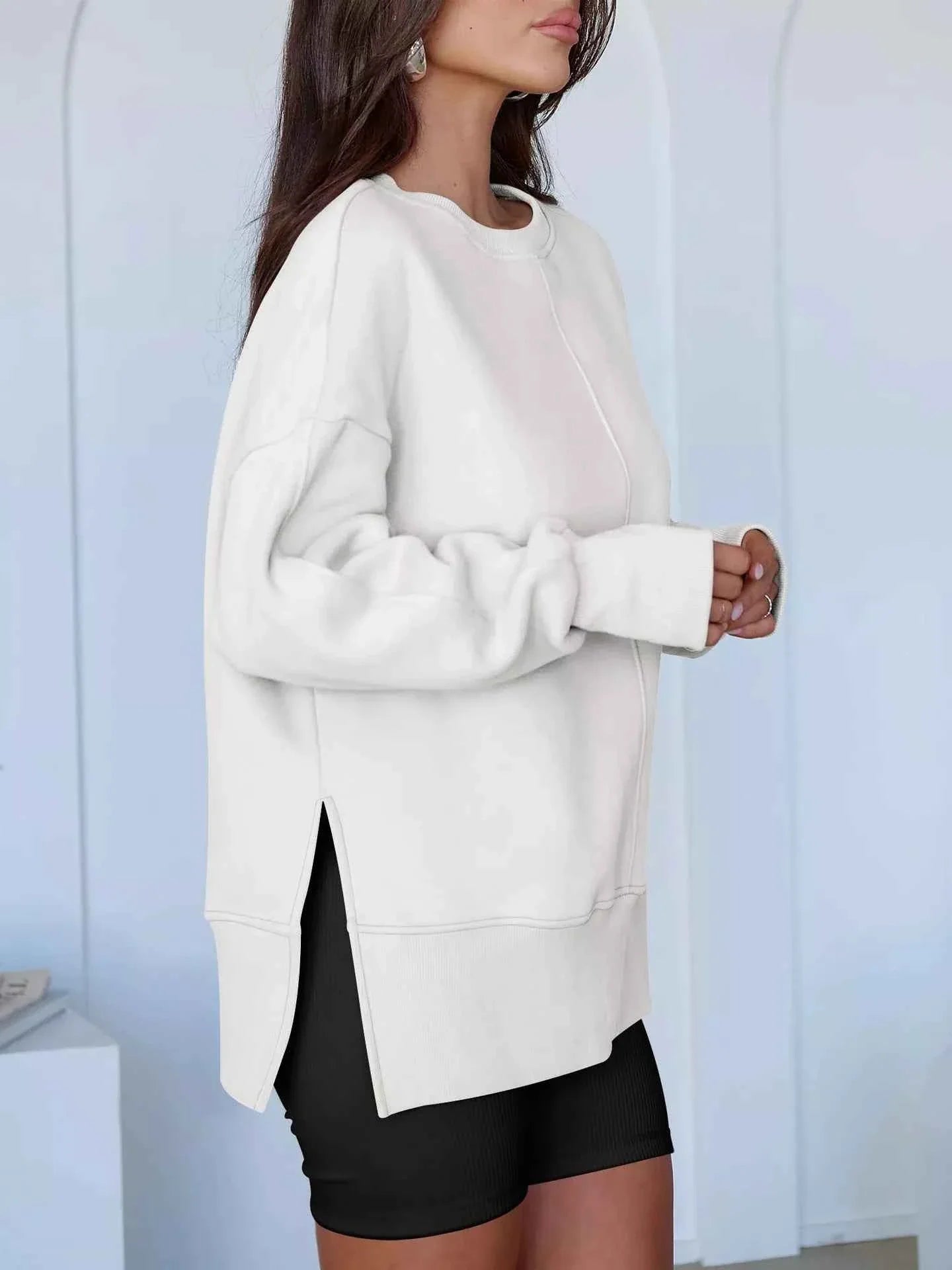 Side Slit Round Neck Long Sleeve Sweatshirt THRIXINE