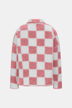Elegant Checkered Snap Down Long Sleeve Teddy Jacket Soft & Warm Colorful Jacket Stevvex