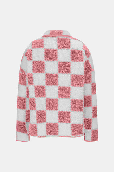 Elegant Checkered Snap Down Long Sleeve Teddy Jacket Soft & Warm Colorful Jacket Stevvex