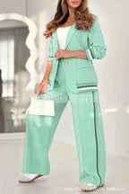 Women Suit Jacket 2 Piece Sets Striped Blazer Coat Turn Down Collar Single Breasted Wide Leg Pants Ensemble Office Lady Outfits Purplish Diva