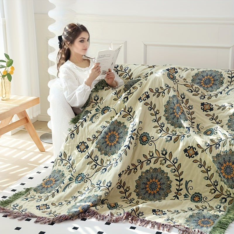 1pc Cotton Multi-layer Gauze Throw Blanket With Tassel Flower And Leaf Pattern Sofa Towel Blanket Air Conditioning Blanket Summer Cooling Quilt Towel Double-sided Available Multi-function Blanket, Machine Washed, And Reusable Lootquake LLC