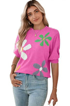 Bright Green 60s Floral Bubble Short Sleeve Knitted Top