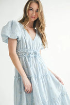 Eyelet Lace Puff Sleeve V Neck Midi Dress For Women – Elegant Fluttering Eyelet Lace Midi Dress, Puff Sleeve Detail, Timeless V Neck Design, Sophisticated Summer Dress